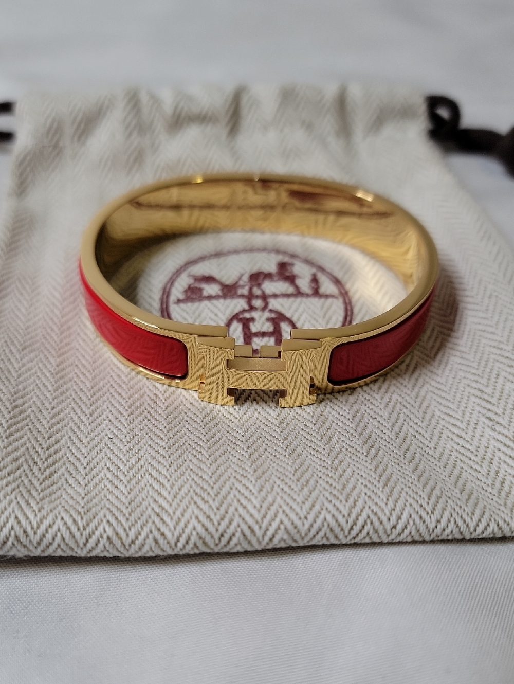 Hermes Red Enamel Gold H Bangle Bracelet